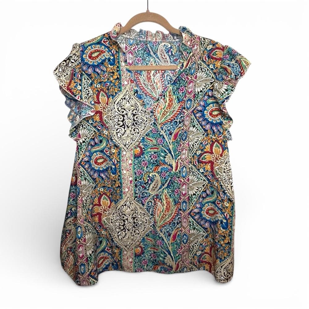 Paisley Ruffled Boho Blouse Ruffled Cap Sleeve Multicolor V Neck Travel Top 1XL